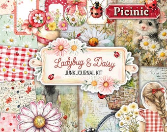 May include: A collage of scrapbook elements with a picnic theme. Includes tags, labels, and floral accents. The text "Ladybug & Daisy Junk Journal Kit" is displayed prominently. Features daisies, ladybugs, and a mouse.