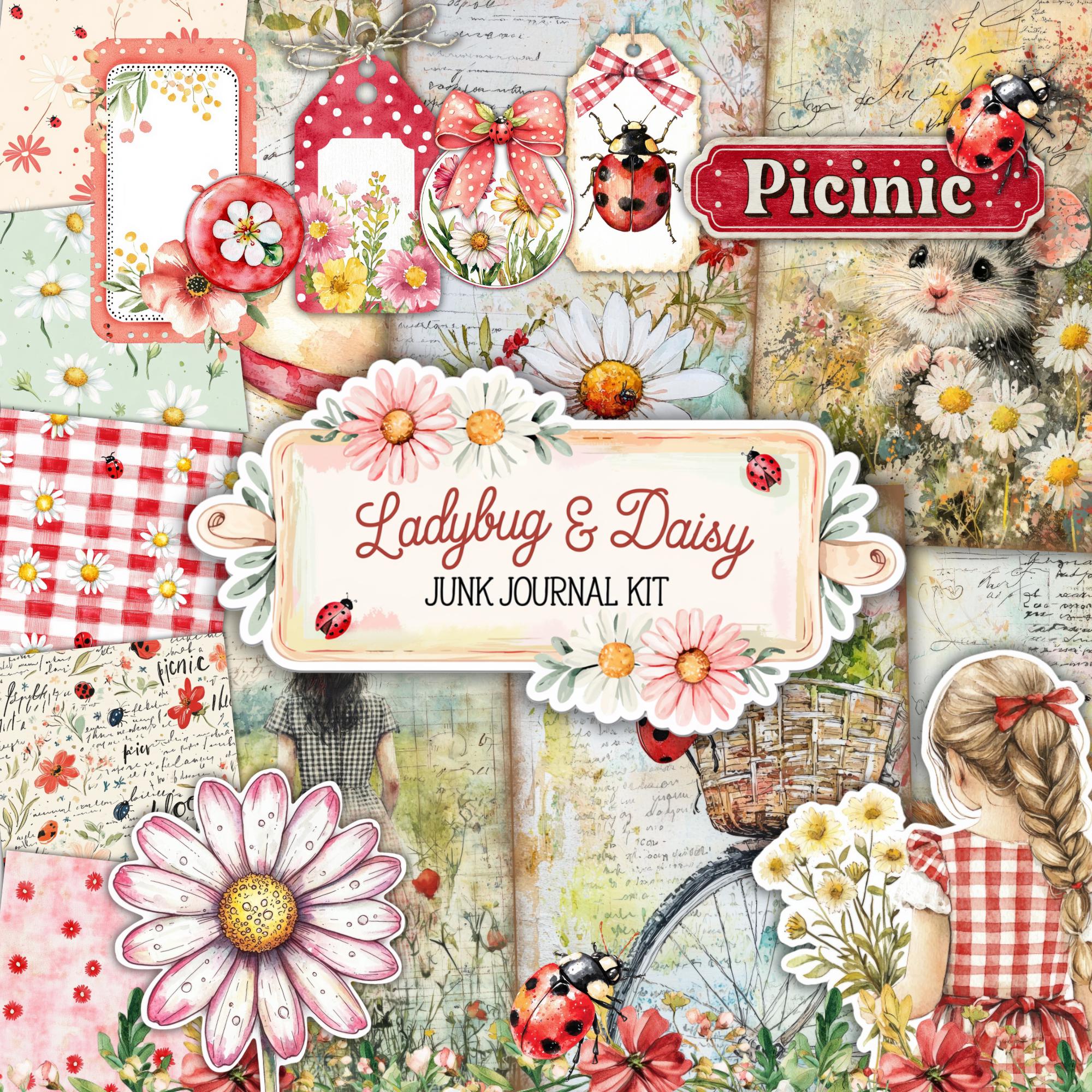 Ladybug and Daisies Junk Journal Kit, Printable Ephemera, Cute Tags ...