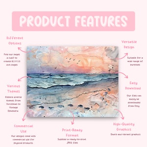 May include: A digital illustration of a seascape with a pink and orange sunset. The image is perfect for creating printable art, cards, or other crafts. The text "PRODUCT FEATURES" is at the top of the image. The image also includes text describing the product features, such as "Various Themes", "Print-Ready Format", and "High-Quality Graphics".