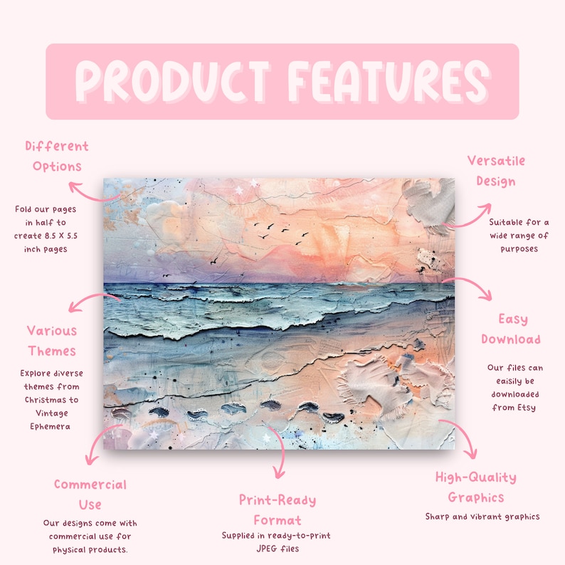 May include: A digital illustration of a seascape with a pink and orange sunset. The image is perfect for creating printable art, cards, or other crafts. The text "PRODUCT FEATURES" is at the top of the image. The image also includes text describing the product features, such as "Various Themes", "Print-Ready Format", and "High-Quality Graphics".