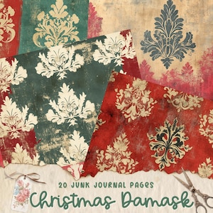 Páginas de diário de Damasco de Natal, páginas de diário para impressão em papel digital, cartões de scrapbook, artesanato em papel, fundo de tecidos Shabby Chic