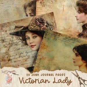 Dama victoriana de acuarela, páginas imprimibles de diario basura, página de descarga digital, tarjeta vintage, hoja de collage digital, kit de diarios basura