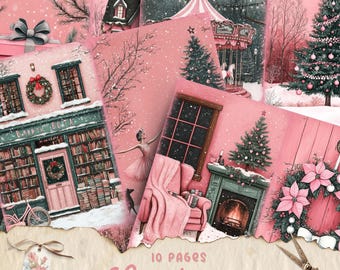 Könnte beinhalten: Eine Sammlung von zehn rosa Scrapbook-Seiten zum Thema Weihnachten. Die Illustrationen zeigen eine Buchhandlung, eine Ballerina, ein Karussell, Weihnachtsbäume und einen Kamin. Das Wort "Christmas" ist kursiv geschrieben.