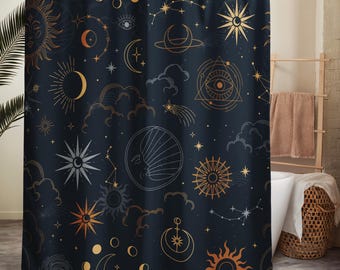 Celestial Shower Curtain – Navy Moon & Stars Astrology Bathroom Decor | Celestial Night Sky Collection