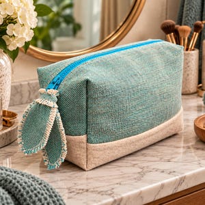 Grote cosmetische tas, handgemaakte turquoise make-uptas met vilten bodem, reisorganizer