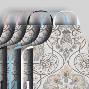 Fartuch z damaszku – antyczny, szarobrązowy wzór kwiatowy, 5 opcji kolorystycznych paska