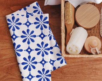 Cobalt Talavera Hand Towel – Mexican Tile Design Bathroom Accent