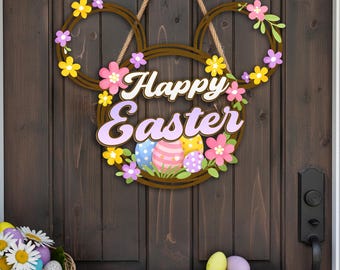 Happy Easter Mickey Metal Sign, Mickey Head Pastel Egg Spring Wood Door Decor, Floral Easter 3D Wall Art, Easter Family Front Wreath