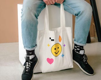 Smiley Face Hart Vlam Tote Bag | Canvas Tote Bag met Pixeled Emoji