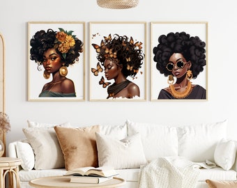 Printable Black Art | 3 Set Poster | Digital Print | Afro Girl Wall Art | Curly Hair Girl Art | Black Women Canvas | Digital Download