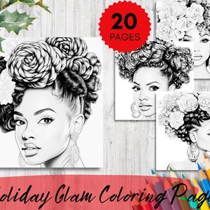 20 Portraits of Black Women, Holiday Glam, Coloring Book for Adults, kids, Instant Download Coloring Page Printable Art, Premium Pages