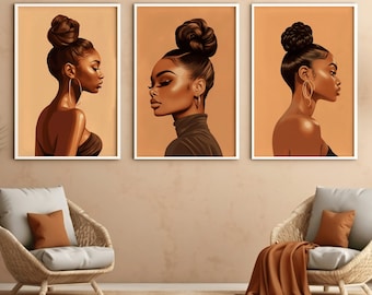 Printable Black Art | 3 Set Poster | Digital Print | Slick High Bun |Afro Girl Wall Art | Black Women Canvas | Digital Download