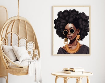 Printable Black Art | Digital Print | Afro Girl Wall Art | Curly Hair Girl Art | Black Women Canvas | Digital Download