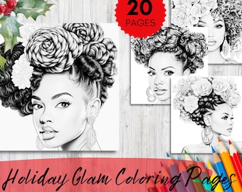 20 Portraits of Black Women, Holiday Glam, Coloring Book for Adults, kids, Instant Download Coloring Page Printable Art, Premium Pages