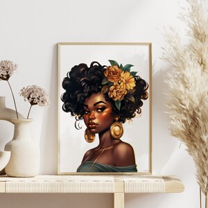 Arte preta para impressão | Impressão digital | arte de parede de menina afro | Arte de menina com cabelo cacheado | Lona de mulheres negras | Download Digital