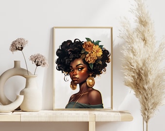 Printable Black Art | Digital Print | Afro Girl Wall Art | Curly Hair Girl Art | Black Women Canvas | Digital Download