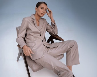 Beige Eco Leather Blazer - Faux Leather Blazer Women - Minimalist Leather Blazer - Sustainable Soft Beige Blazer - Leather Suit Blazer