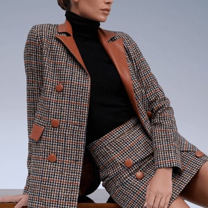 Tweed Houndstooth Leather Jacket - Double Breasted Plaid Blazer - Women's Fall Wool Coat - Long Sleeve Leather Jacket - Fall Winter Jacket