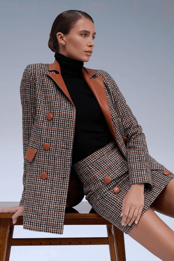 Tweed Houndstooth Leather Jacket - Double Breasted Plaid Blazer - Women's Fall Wool Coat - Long Sleeve Leather Jacket - Fall Winter Jacket