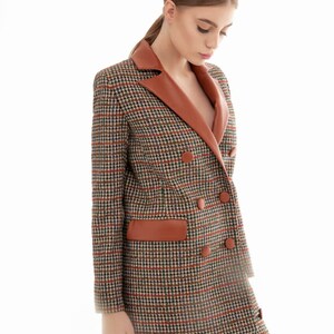Tweed Houndstooth Leather Jacket - Double Breasted Plaid Blazer - Women's Fall Wool Coat - Long Sleeve Leather Jacket - Fall Winter Jacket