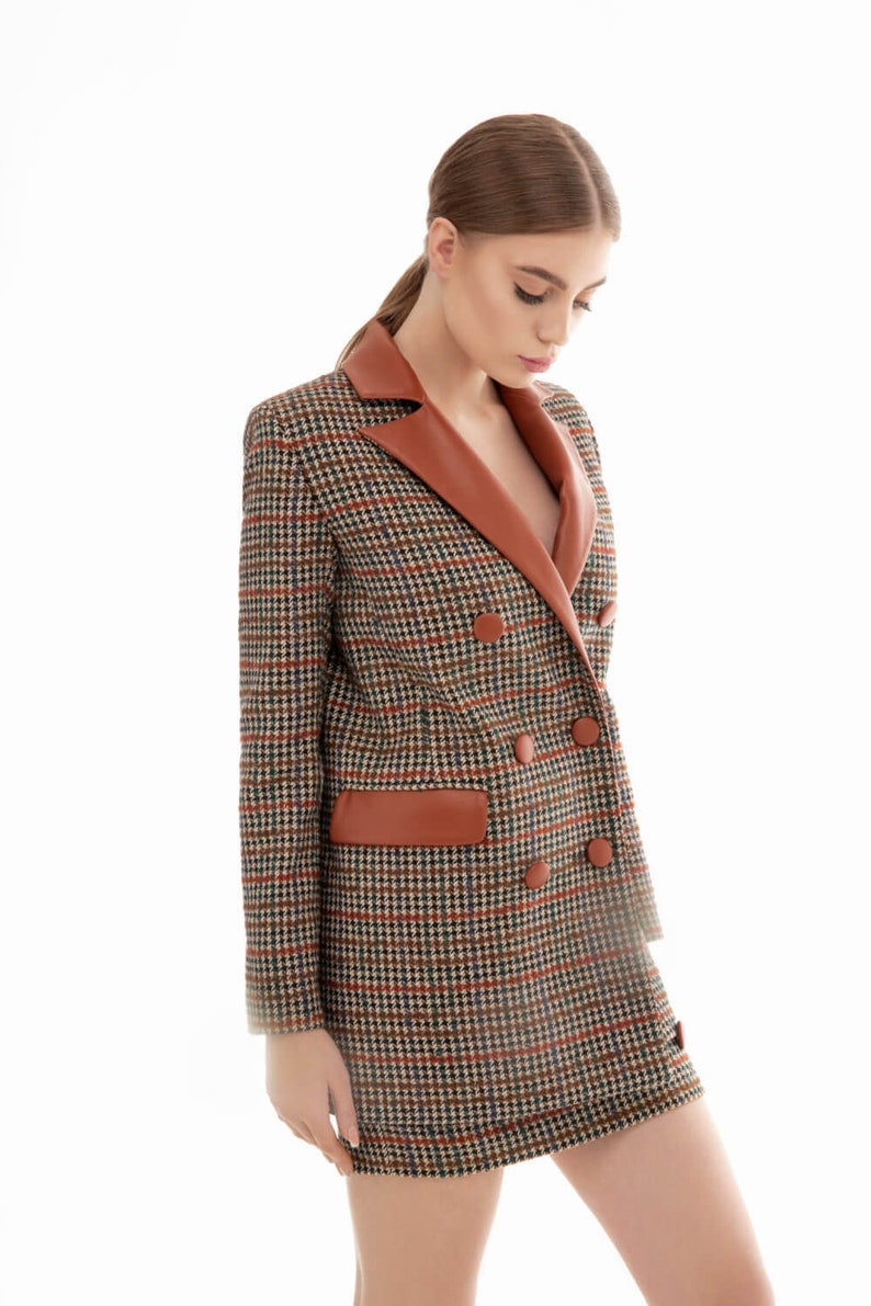 Tweed Houndstooth Leather Jacket - Double Breasted Plaid Blazer - Women's Fall Wool Coat - Long Sleeve Leather Jacket - Fall Winter Jacket