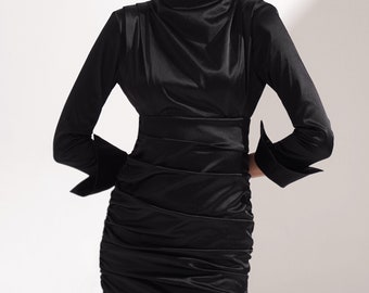 Draped Black Mini Dress - Long Sleeve Cocktail Dress - Satin High Neck Black Dress - Black Dress for Parties & Events - Black Bodycon Dress