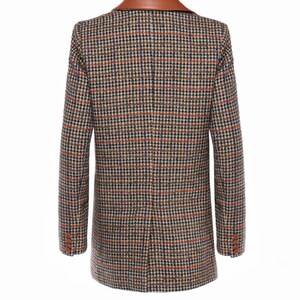 Tweed Houndstooth Leather Jacket - Double Breasted Plaid Blazer - Women's Fall Wool Coat - Long Sleeve Leather Jacket - Fall Winter Jacket