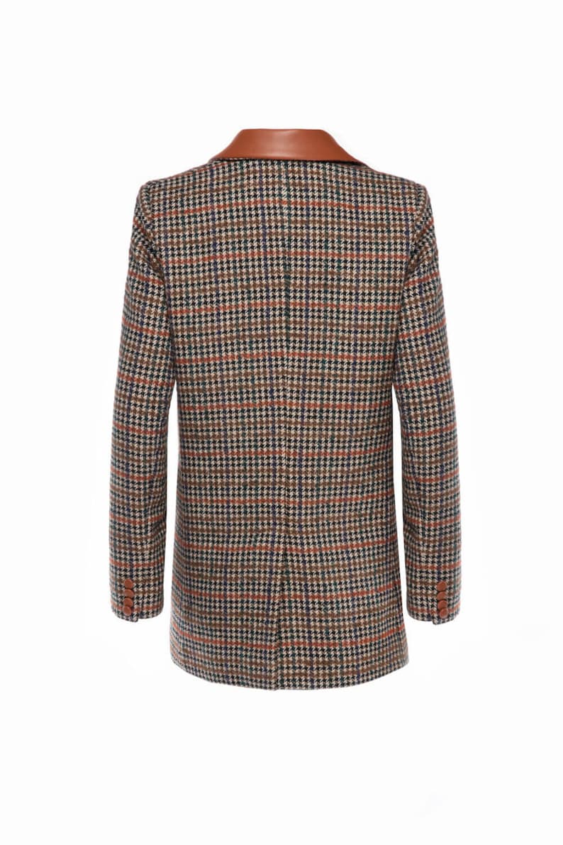 Tweed Houndstooth Leather Jacket - Double Breasted Plaid Blazer - Women's Fall Wool Coat - Long Sleeve Leather Jacket - Fall Winter Jacket