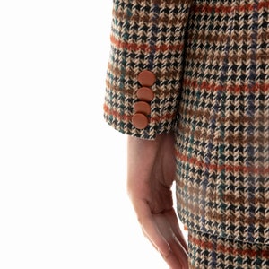Tweed Houndstooth Leather Jacket - Double Breasted Plaid Blazer - Women's Fall Wool Coat - Long Sleeve Leather Jacket - Fall Winter Jacket