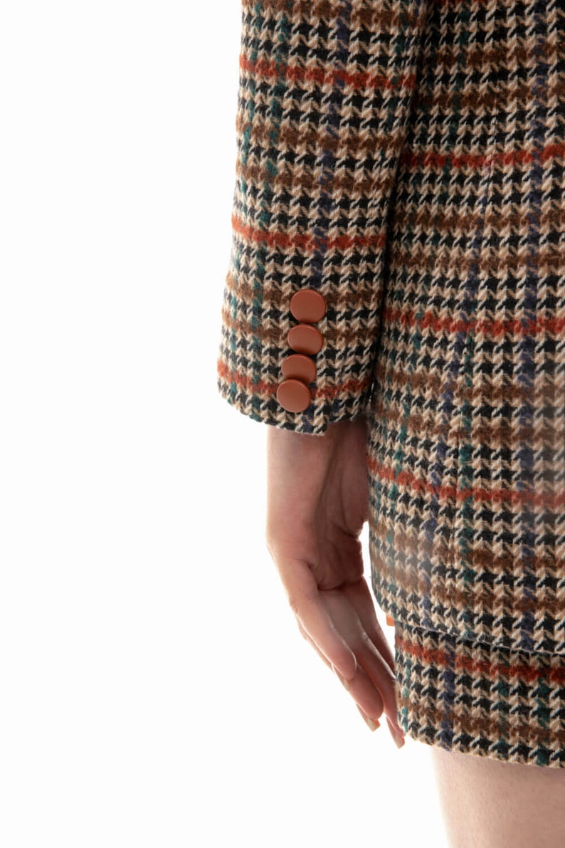 Tweed Houndstooth Leather Jacket - Double Breasted Plaid Blazer - Women's Fall Wool Coat - Long Sleeve Leather Jacket - Fall Winter Jacket