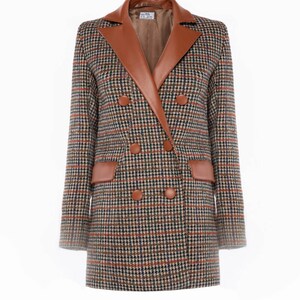Tweed Houndstooth Leather Jacket - Double Breasted Plaid Blazer - Women's Fall Wool Coat - Long Sleeve Leather Jacket - Fall Winter Jacket