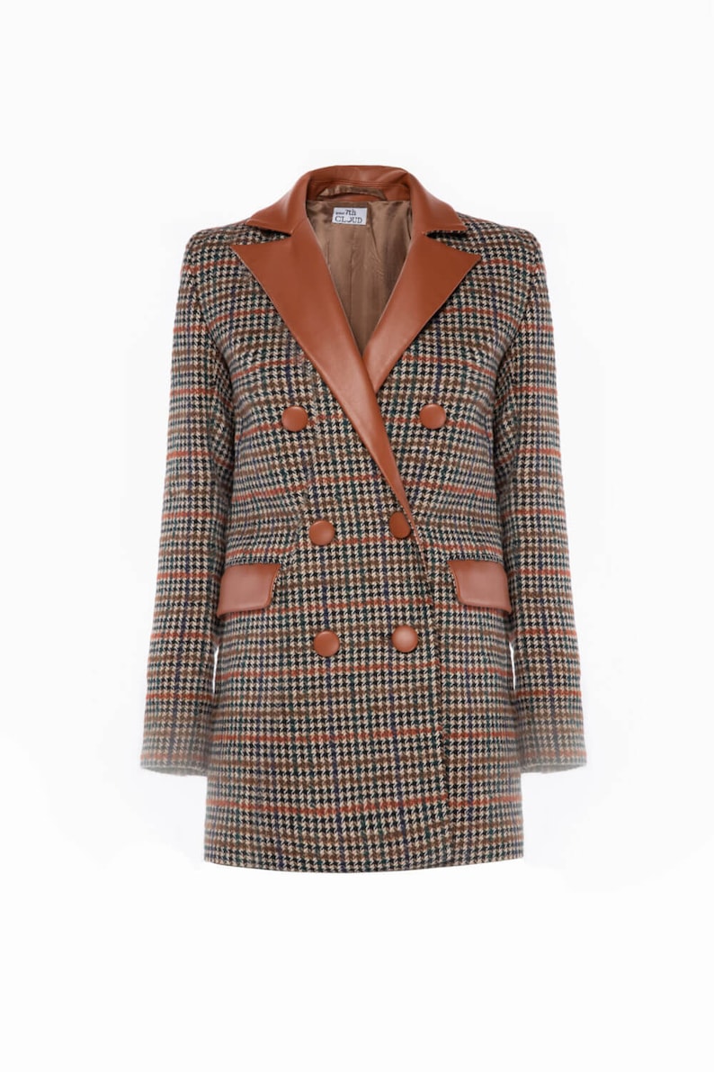 Tweed Houndstooth Leather Jacket - Double Breasted Plaid Blazer - Women's Fall Wool Coat - Long Sleeve Leather Jacket - Fall Winter Jacket