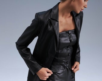 Black Eco Leather Blazer - Vegan Faux Leather Blazer - Longline Chic Blazer - Trendy Minimalist Outerwear - Buttoned Black Blazer