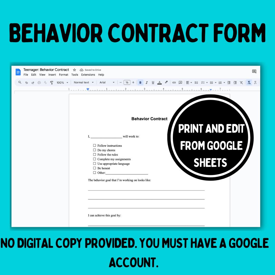 Aba Therapy Behavior Contract, Digital Behavior Contract, Teen ABA