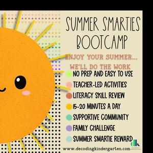 May include: A colorful graphic with the text "SUMMER SMARTIES BOOTCAMP" and a smiling sun illustration. The image lists features like "Teacher-Led Activities" and "Literacy Skill Review." The website www.decodingkindergarten.com is also displayed.