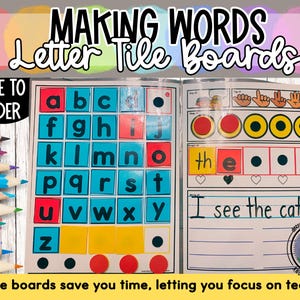 May include: A set of colorful letter tile boards for making words. The boards feature a grid of letter tiles, with each tile containing a different letter of the alphabet. The boards also include spaces for students to write words and sentences. The text "MADE TO ORDER" is visible at the top of the image.
