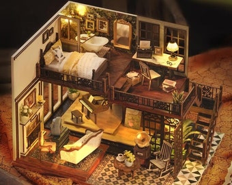 Retro Time Handmade House DIY Miniature Led Light Wooden Shop Dollhouse Gift Music Box Gift