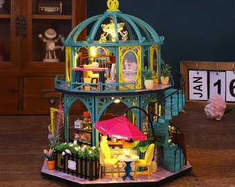 Flower Cafe Garden DIY LED Light Miniature Dollhouse Music Wooden Doll House Gift