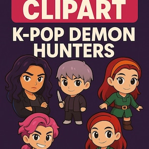 Peut inclure: Image numérique avec cinq personnages de dessins animés, intitulée "K-Pop Demon Hunters". Le texte "500+ PNG CLIPART" est en haut et "INSTANT DOWNLOAD COMMERCIAL USE" en bas, sur un fond violet foncé.