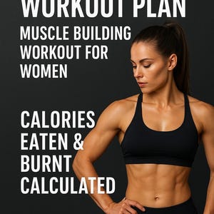 Op de afbeelding: Afbeelding van een fitnessplan met de tekst "12-WEEK DIET & WORKOUT PLAN" en "MUSCLE BUILDING WORKOUT FOR WOMEN". Een vrouw in zwarte sportkleding is te zien. De tekst "CALORIES EATEN & BURNT CALCULATED" is ook zichtbaar.