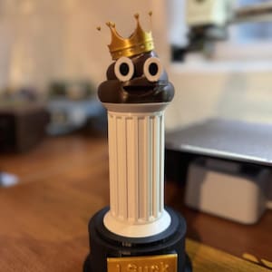 Könnte beinhalten: Eine skurrile Trophäe mit einem braunen Kackhaufen-Emoji, das eine goldene Krone trägt, auf einer weißen Säule und einem schwarzen Sockel. Der Sockel hat eine goldene Plakette mit der Aufschrift "I Suck at Fantasy Football".