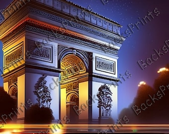 The Arc de Triomphe lit up at night