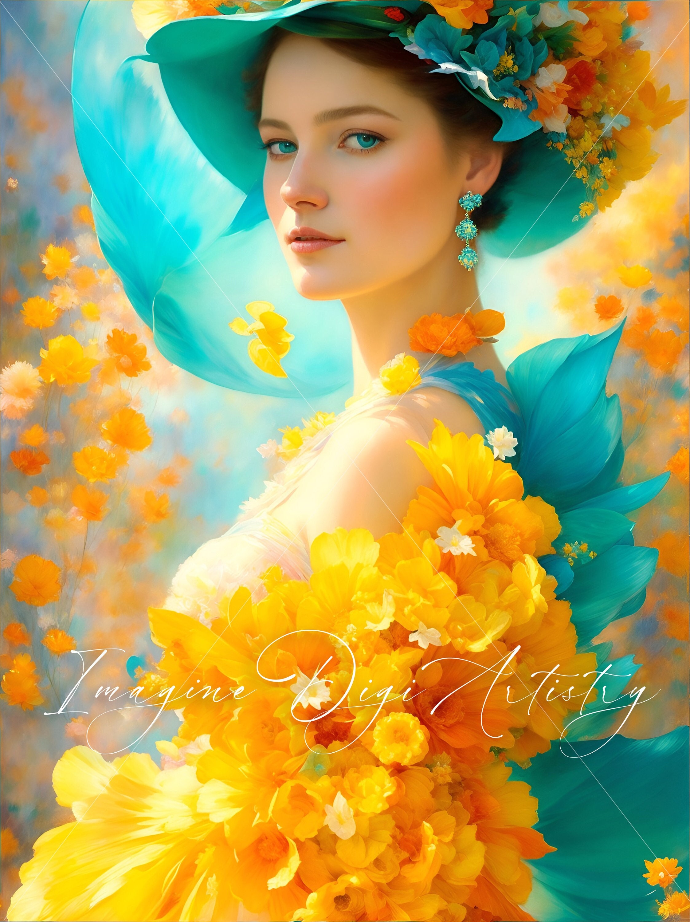 Woman in Orange Flowers. Digital Art for Wallpaper for Instant Download