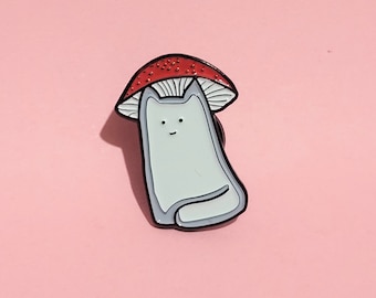 Cute Mushroom Cat Enamel Pin - Cat wearing a mushroom hat, red amanita