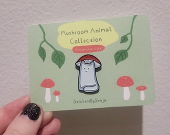 Cute Mushroom Cat Enamel Pin - Cat wearing a mushroom hat, red amanita