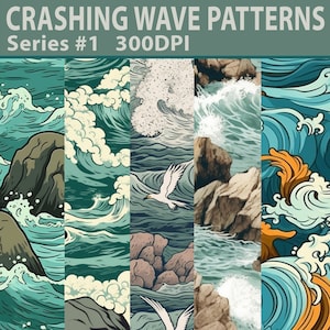 Könnte beinhalten: Ein Satz von vier digitalen nahtlosen Mustern mit brechenden Wellen in verschiedenen Stilen. Die Muster umfassen die Farben Blau, Grün, Weiß und Orange. Die Muster sind perfekt für die Verwendung in digitalen Designprojekten.