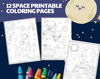 May include: A set of 12 printable coloring pages featuring space-themed illustrations. The pages include images of rockets, astronauts, planets, and stars. The pages are black and white and ready to be colored.