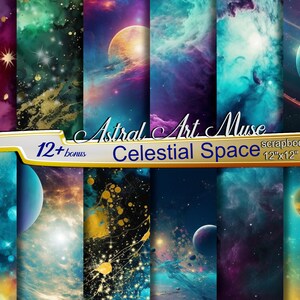 Hemelse ruimte digitaal papierontwerp Astrale astronomie sterren planeten aquarel glitter ontwerp voor tijdschriften en plakboeken 12, 12x12 300 DPI