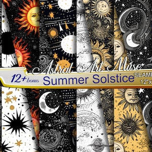 ZOMERSOLSTICE patroon Zon Maan Sterren NAADLOOS digitaal papier kosmische achtergrond Astral Day & Night 12x12 ontwerp 300DPI herhalende patronen