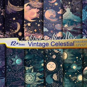 Vintage hemelse naadloze digitale patronen van retro astrale zon- en maanpatronen in diepe tinten en hemelse kleuren Instant Download Printables